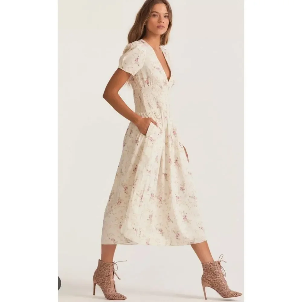 LoveShackFancy Cream Floral Midi Dress with Pink Bouquet Print - Picture 6 of 16